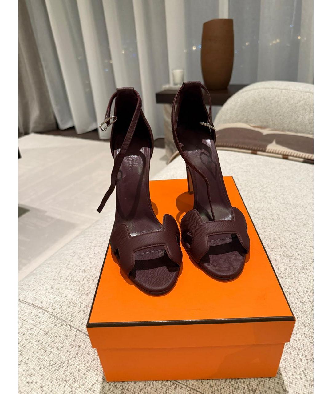 HERMES Бордовые кожаные босоножки, фото 2