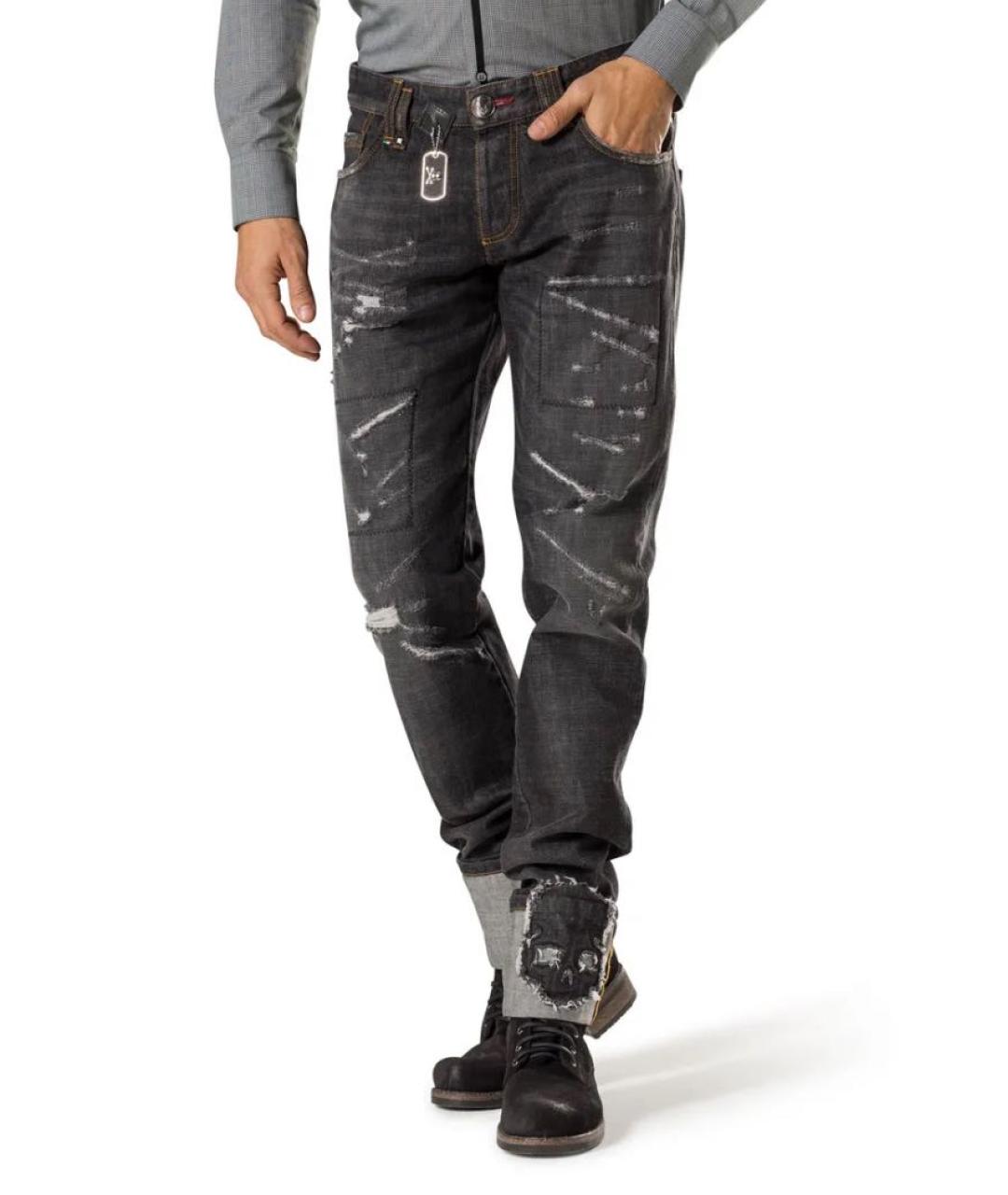 PHILIPP PLEIN Черные хлопко-эластановые прямые джинсы, фото 2