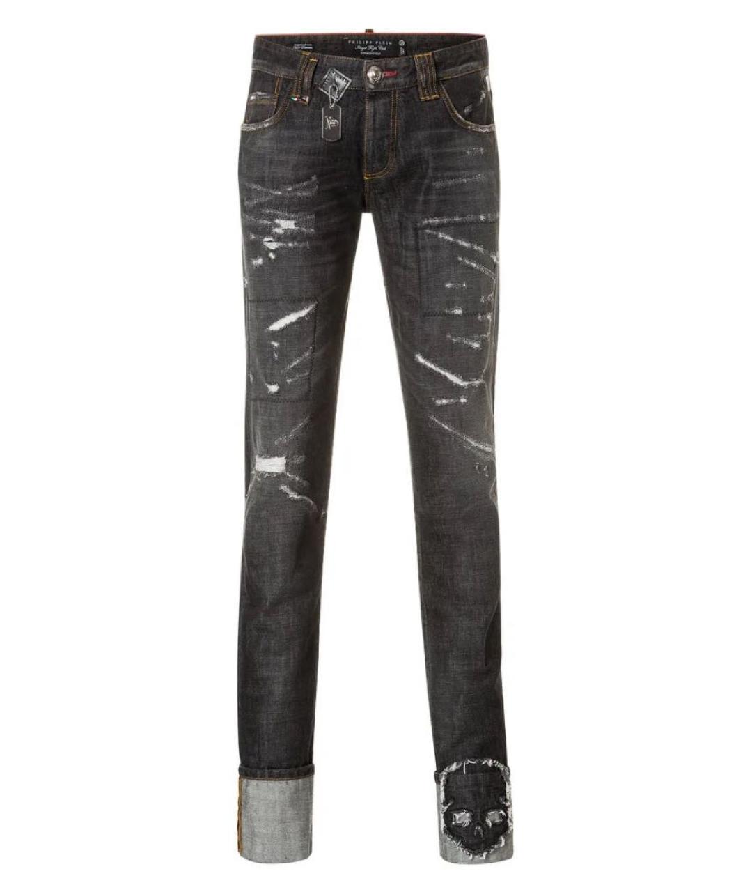 PHILIPP PLEIN Черные хлопко-эластановые прямые джинсы, фото 1