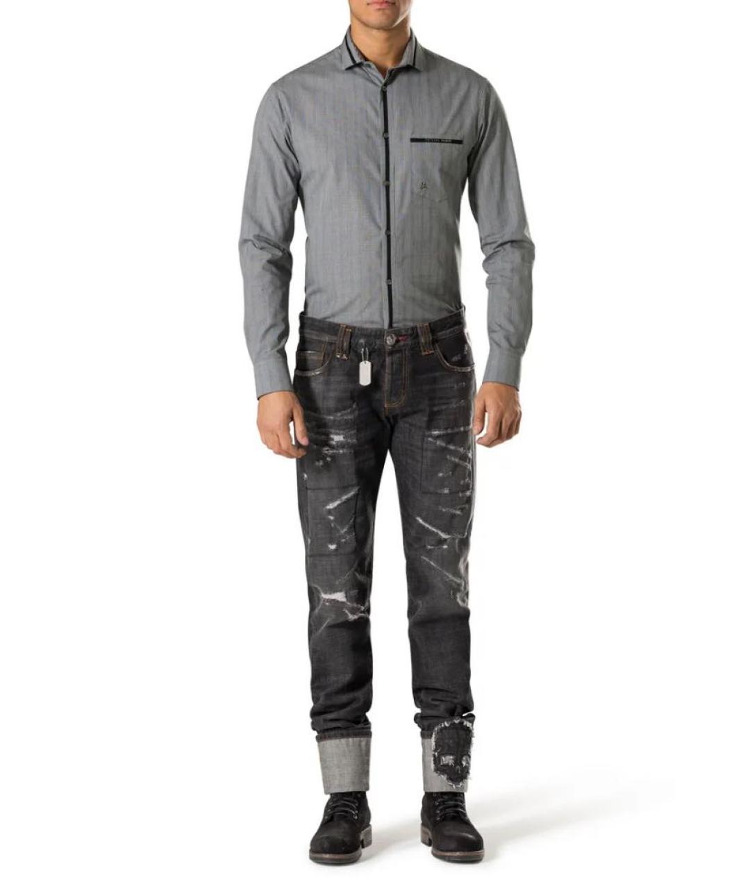 PHILIPP PLEIN Черные хлопко-эластановые прямые джинсы, фото 4