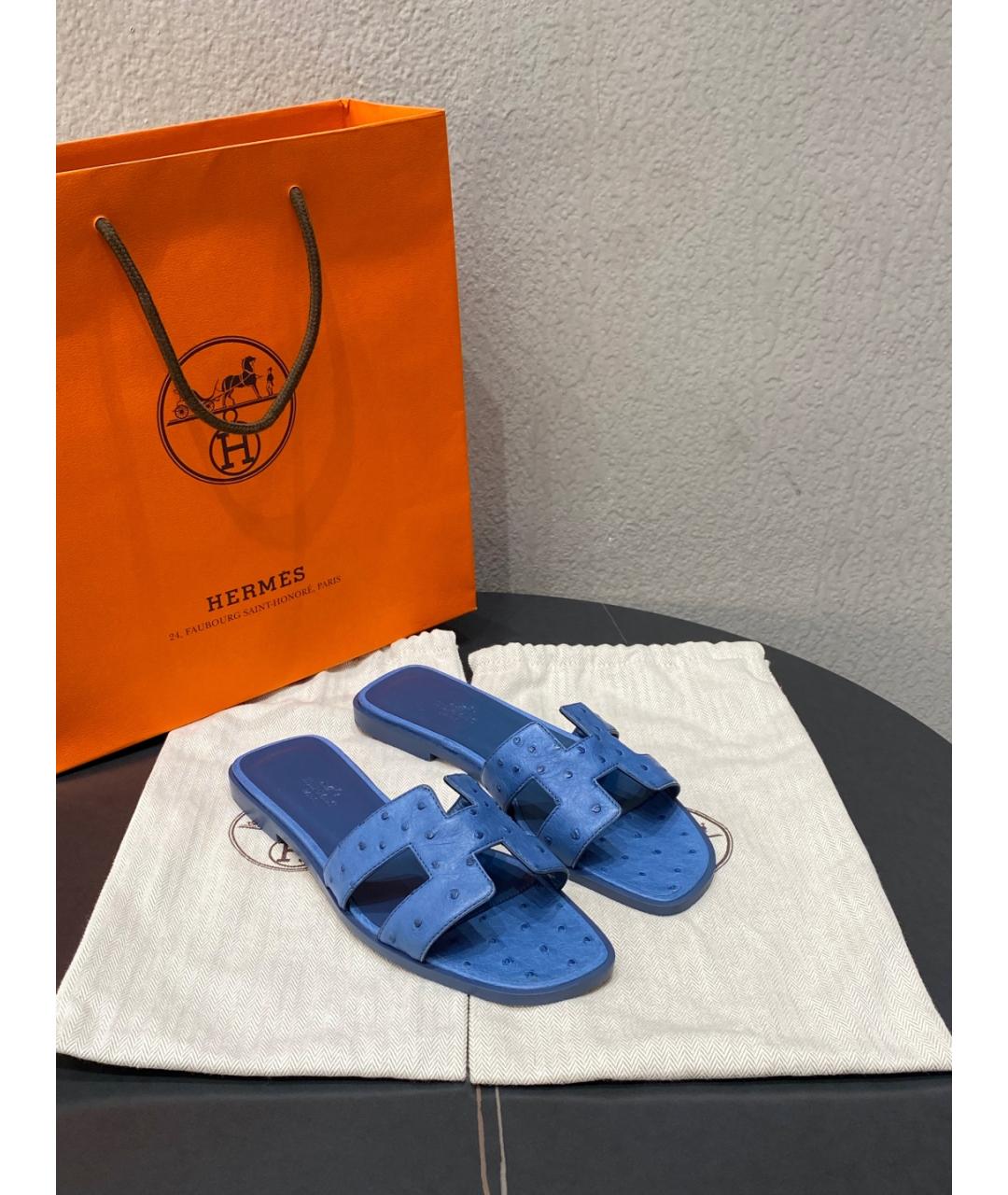 HERMES Синие шлепанцы из экзотической кожи, фото 5