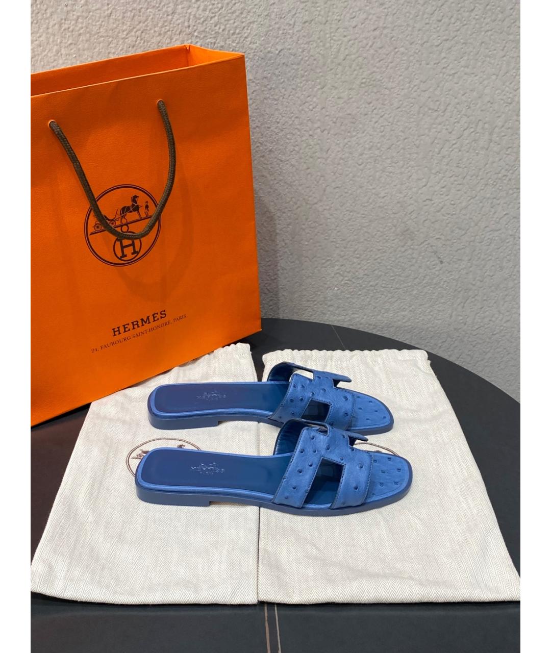 HERMES Синие шлепанцы из экзотической кожи, фото 7
