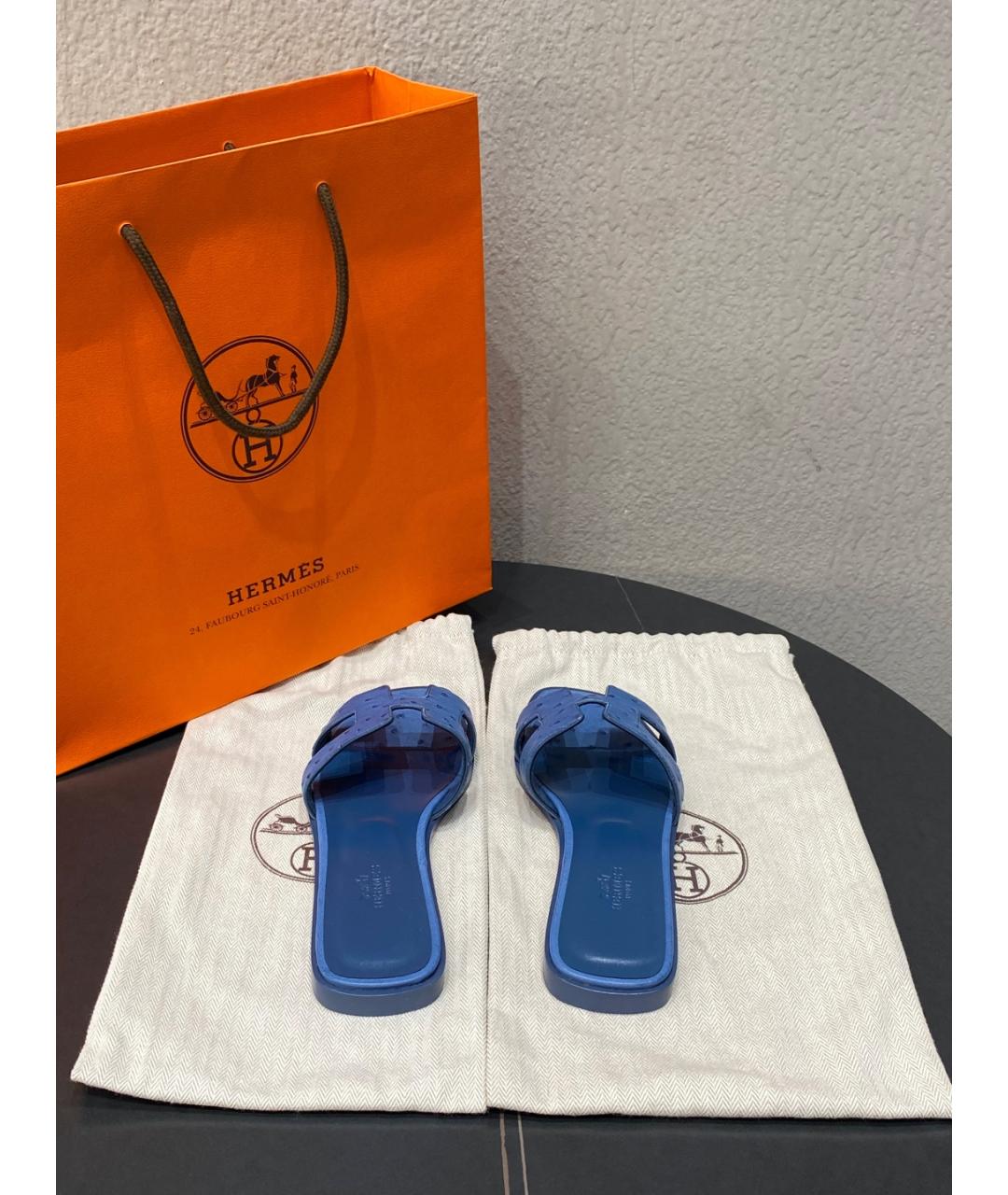 HERMES Синие шлепанцы из экзотической кожи, фото 3