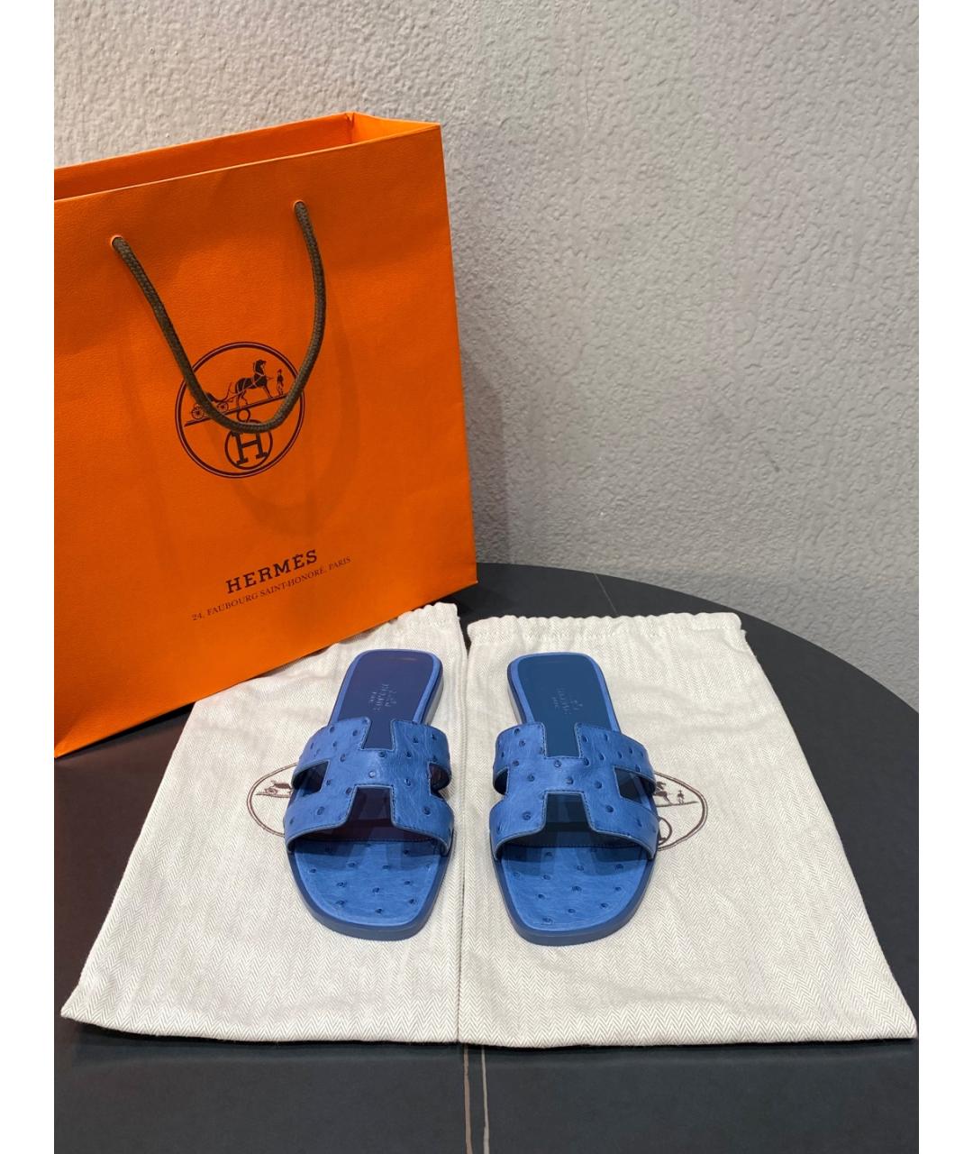 HERMES Синие шлепанцы из экзотической кожи, фото 2