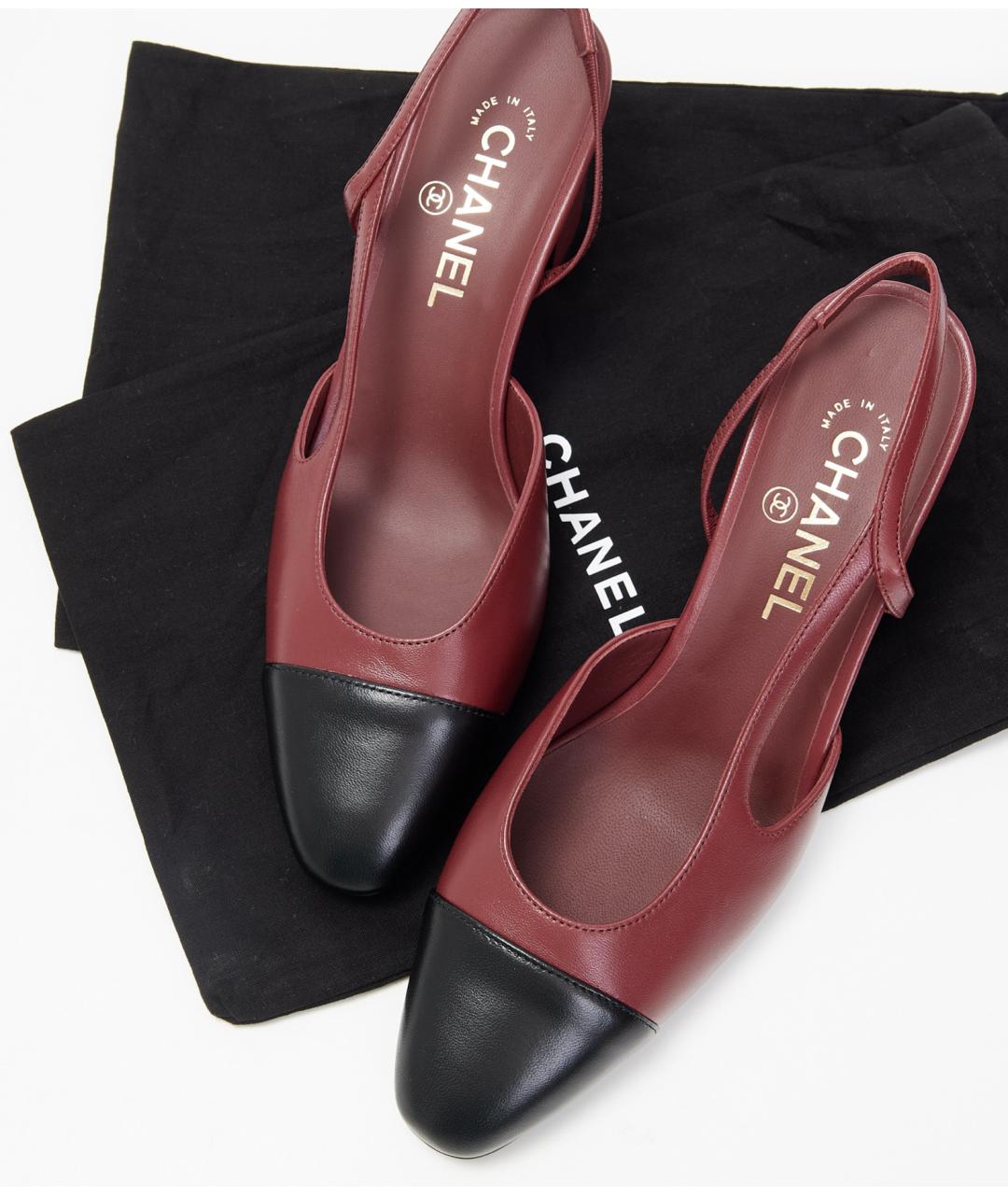 CHANEL Бордовые кожаные лодочки на низком каблуке, фото 6