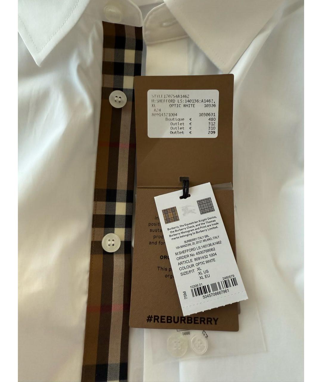 BURBERRY Белая хлопковая классическая рубашка, фото 3