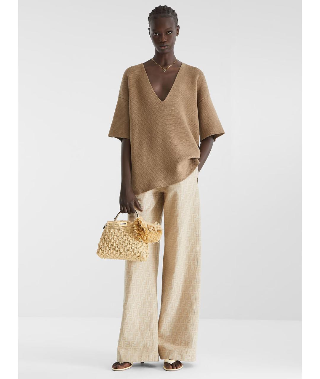FENDI Бежевые хлопковые прямые брюки, фото 2