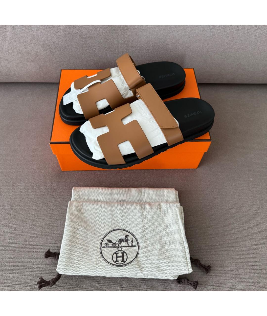 HERMES Коричневые кожаные шлепанцы, фото 2