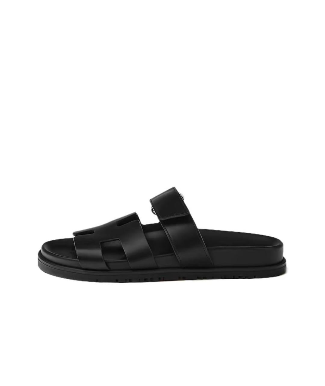 HERMES Черные кожаные шлепанцы, фото 4