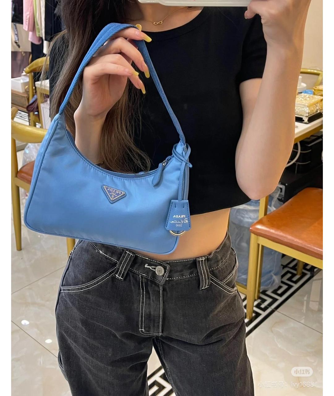 PRADA Голубая синтетическая сумка тоут, фото 6