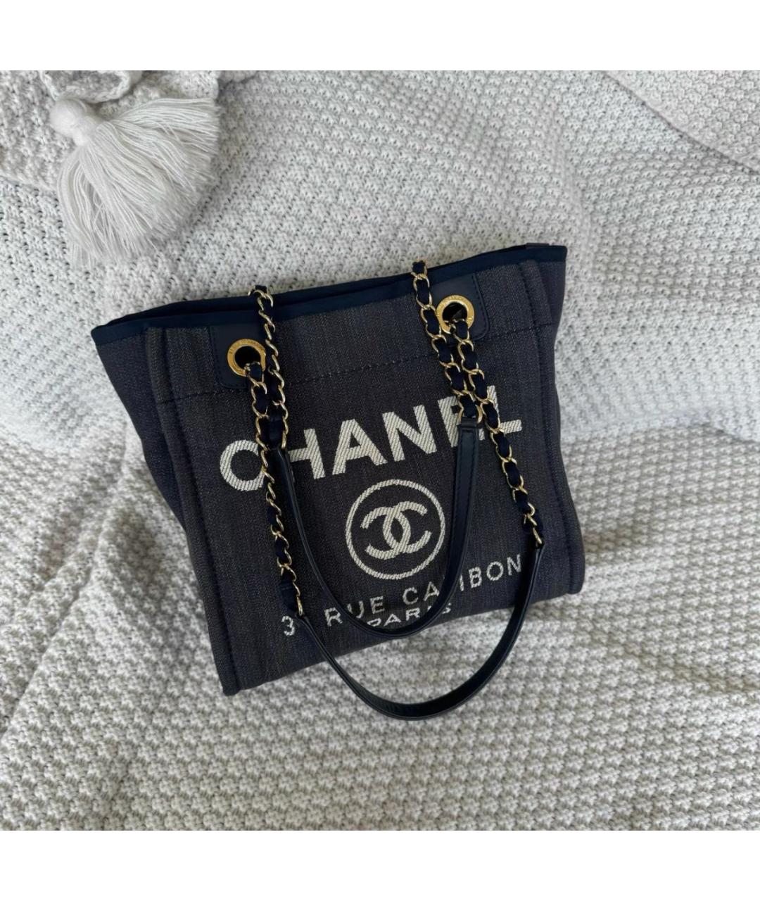CHANEL Темно-синяя тканевая сумка тоут, фото 9