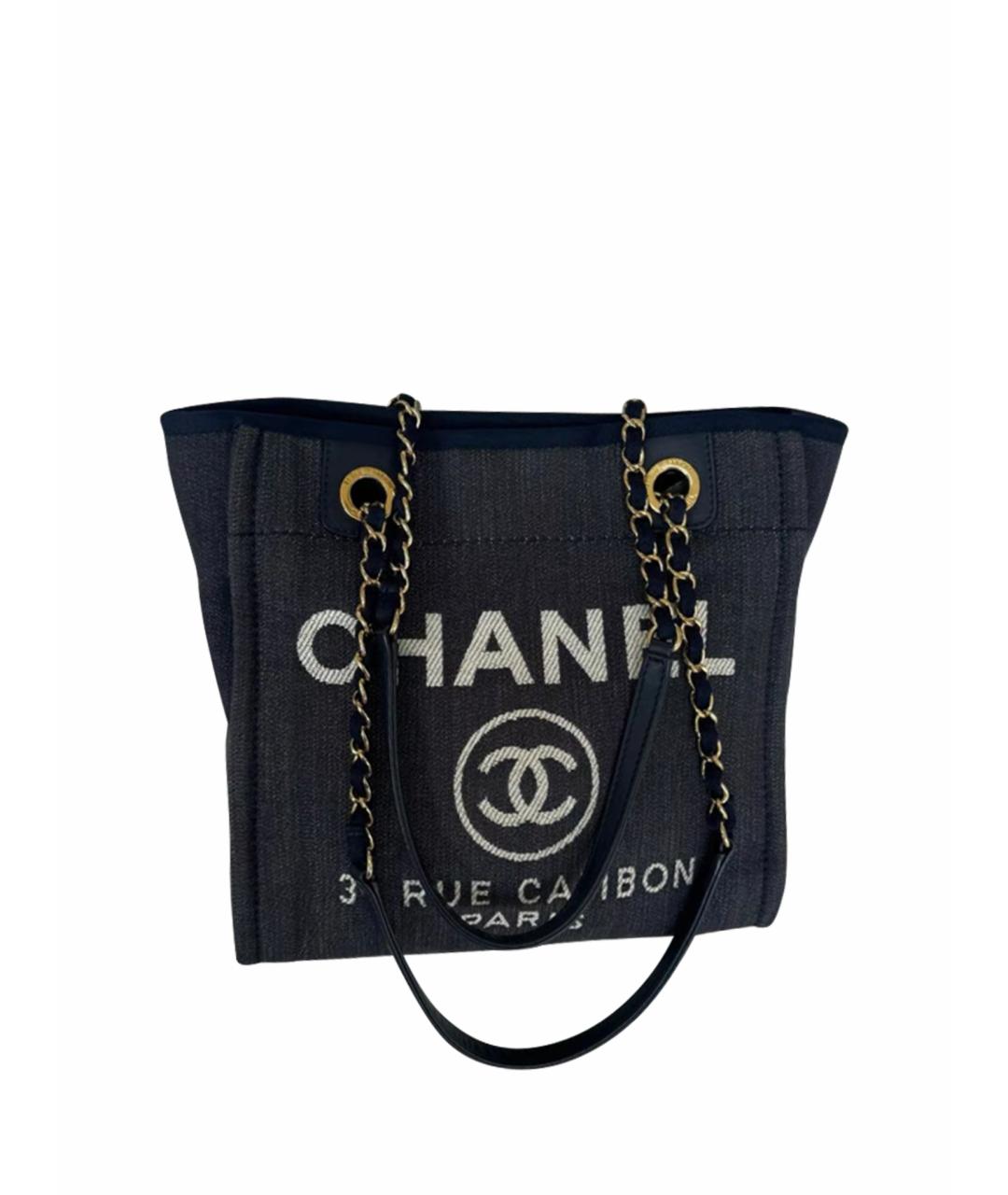 CHANEL Темно-синяя тканевая сумка тоут, фото 1