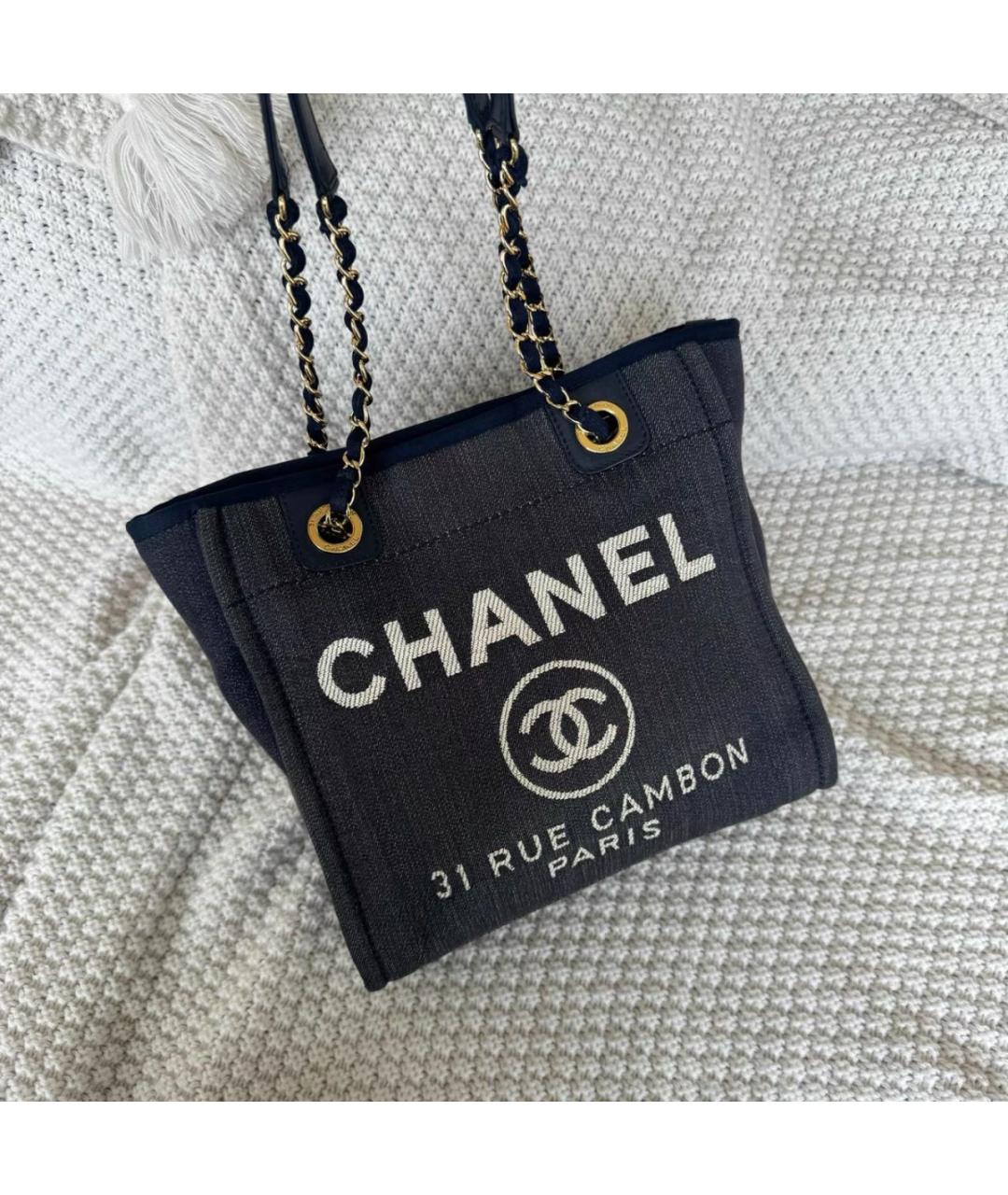 CHANEL Темно-синяя тканевая сумка тоут, фото 2