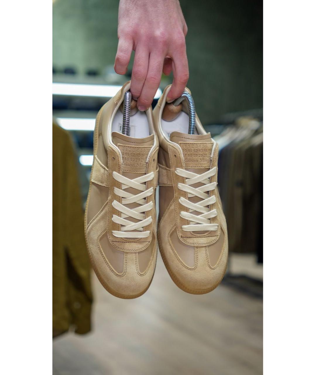 MAISON MARGIELA Бежевые кожаные низкие кроссовки / кеды, фото 5