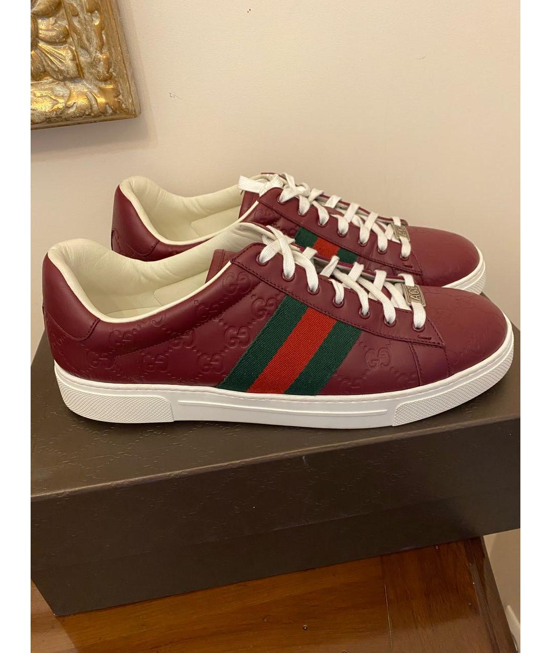 GUCCI Бордовые кожаные низкие кроссовки / кеды, фото 8