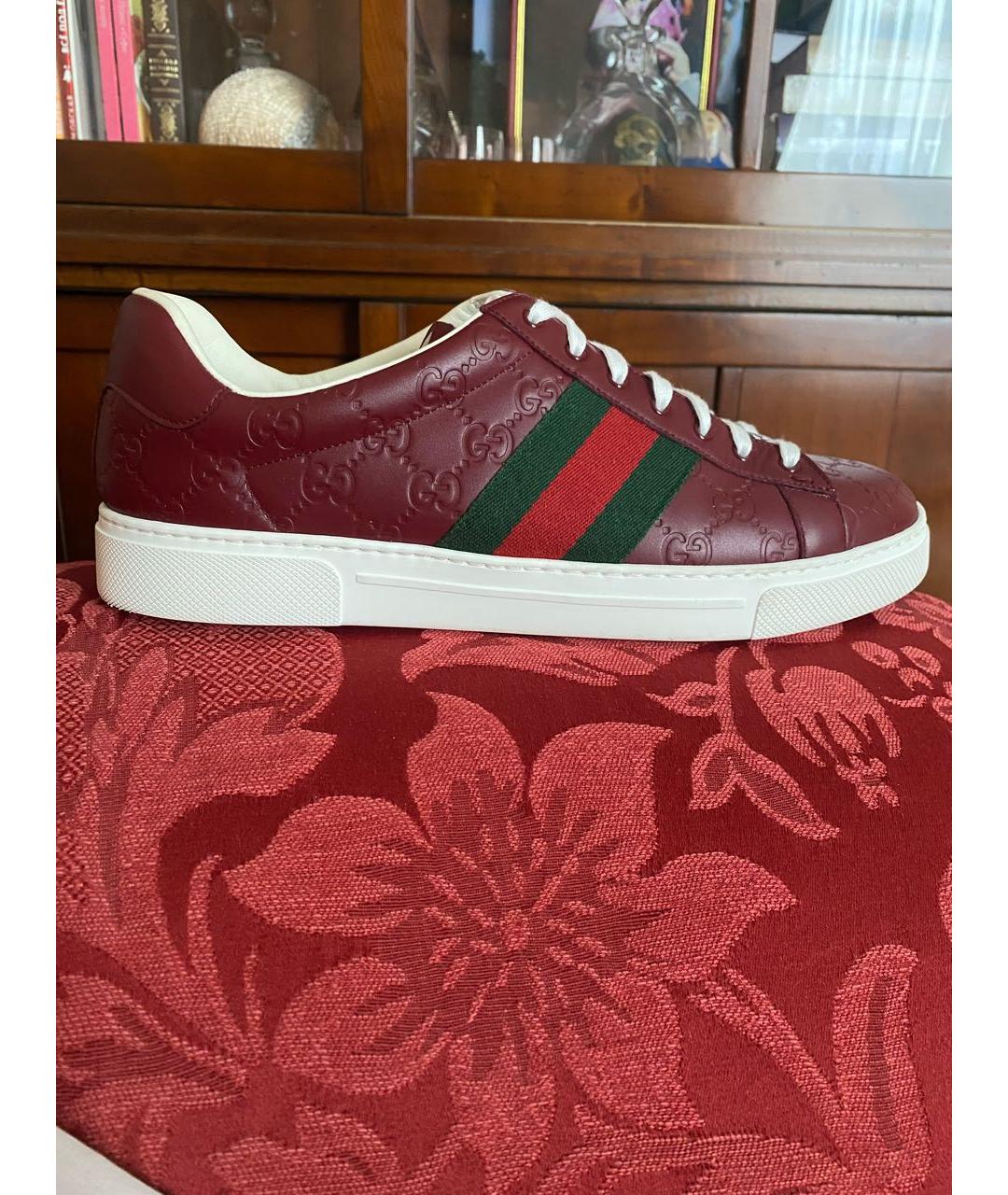 GUCCI Бордовые кожаные низкие кроссовки / кеды, фото 9