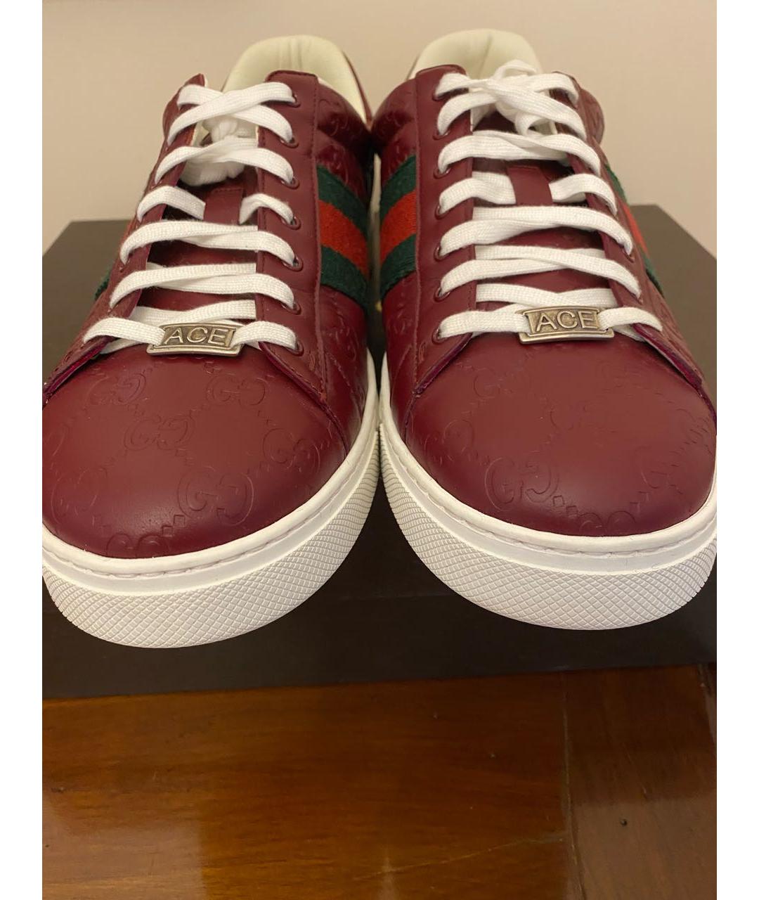 GUCCI Бордовые кожаные низкие кроссовки / кеды, фото 2