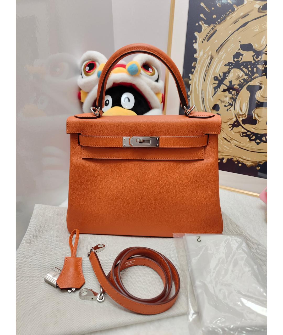 HERMES Оранжевая кожаная сумка через плечо, фото 5