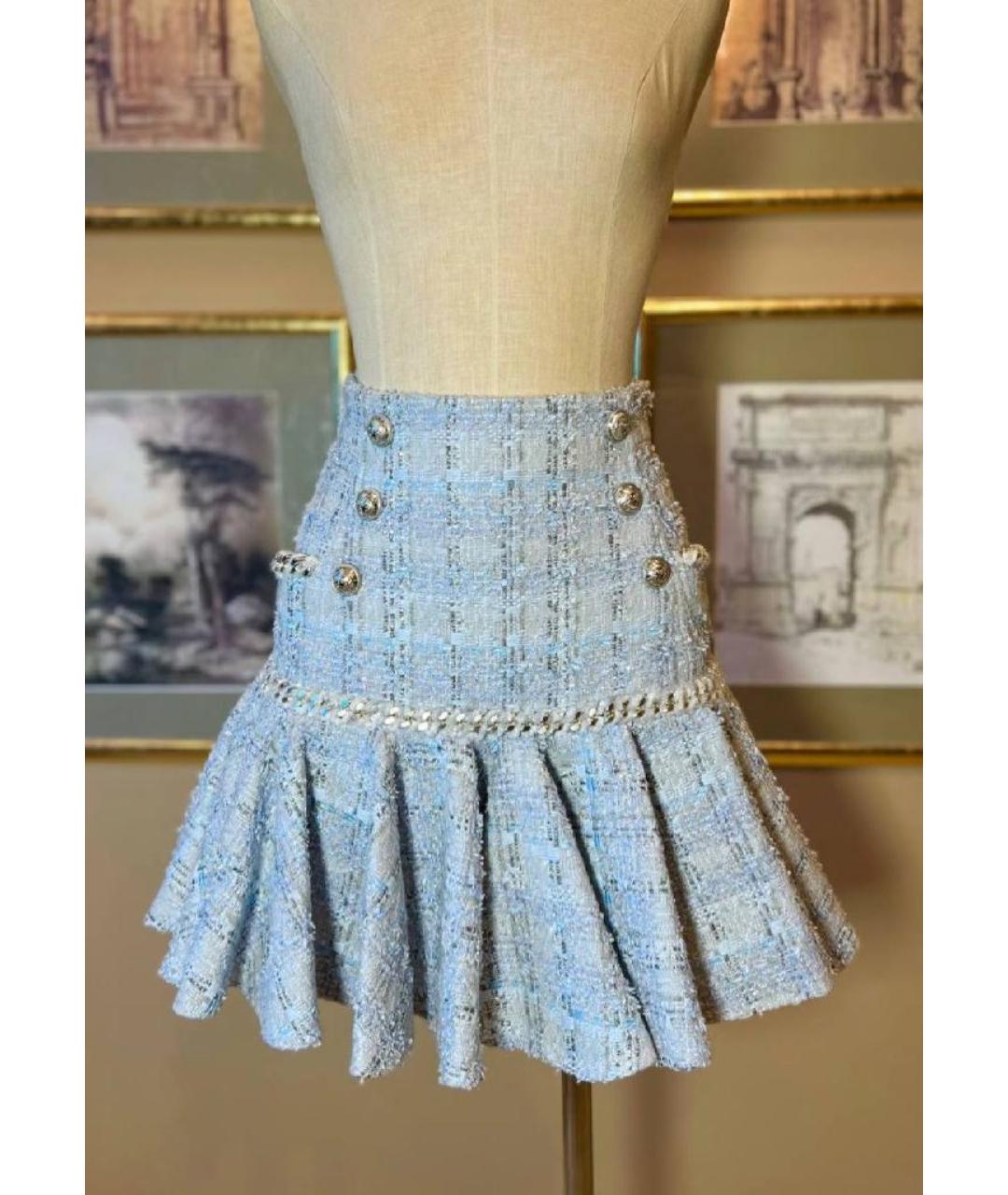 BALMAIN Голубая твидовая юбка мини, фото 6