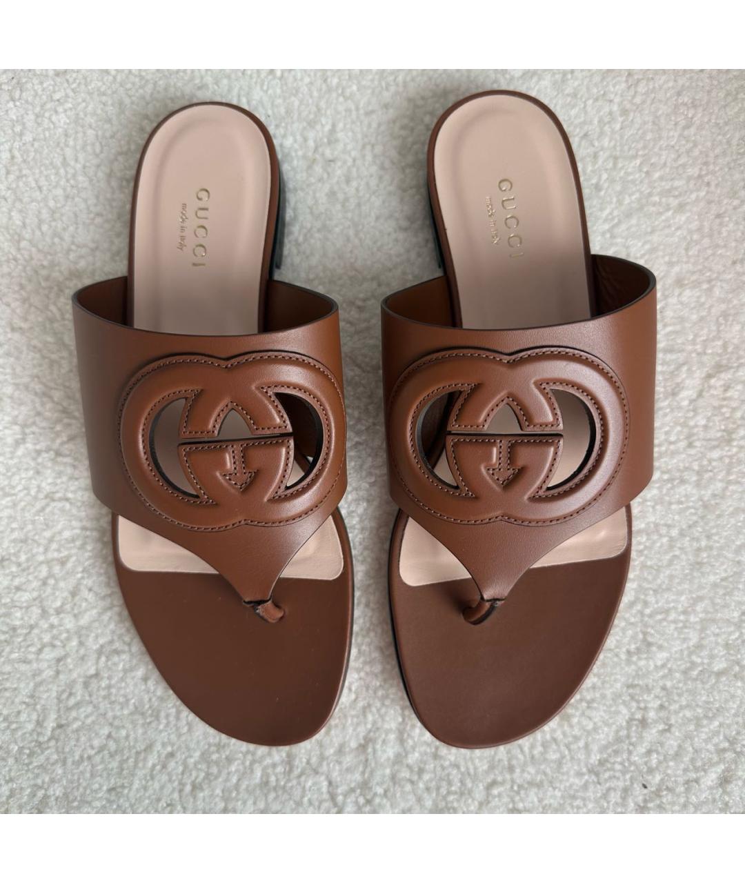 GUCCI Коричневые кожаные шлепанцы, фото 3