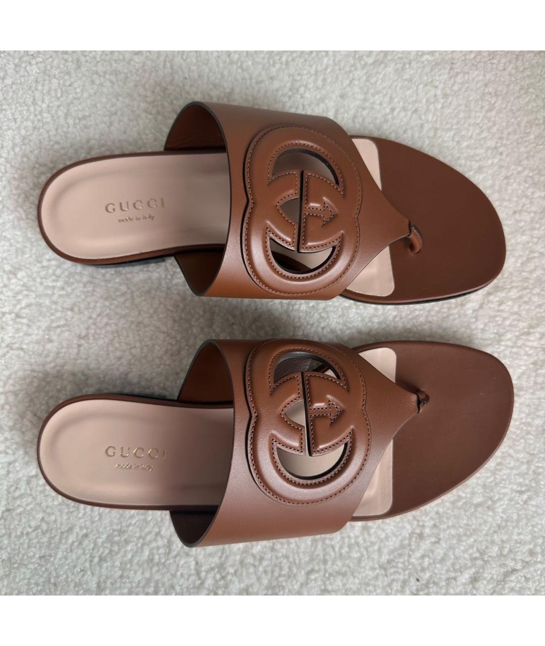 GUCCI Коричневые кожаные шлепанцы, фото 6