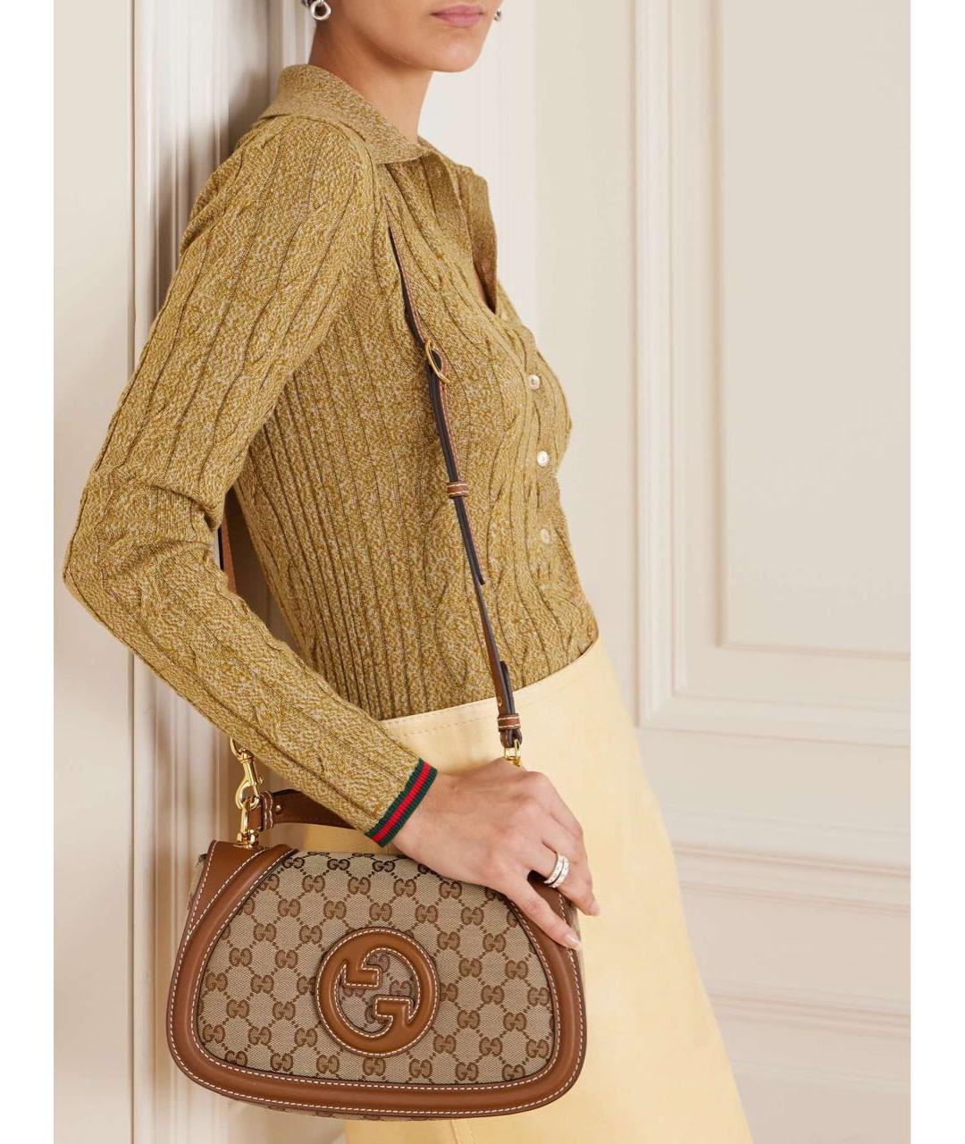 GUCCI Коричневая жаккардовая сумка с короткими ручками, фото 7