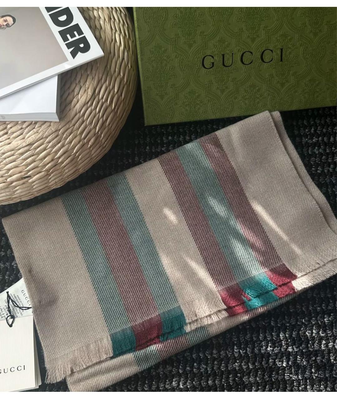 GUCCI Коричневый шерстяной шарф, фото 7