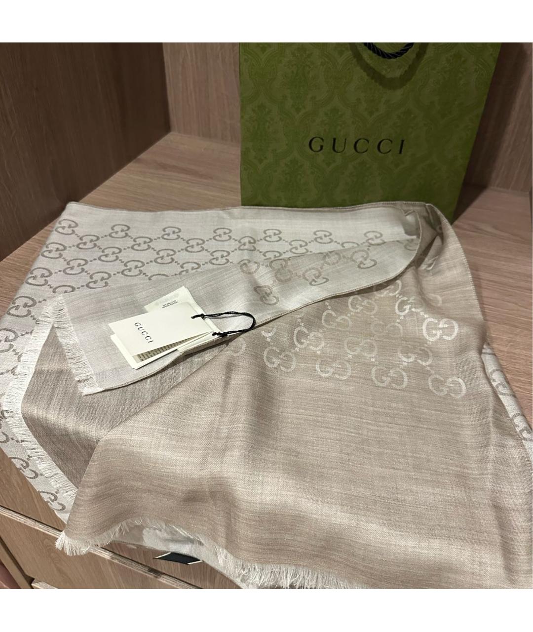 GUCCI Бежевый шерстяной платок, фото 5