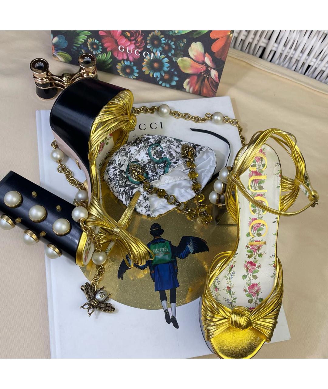 GUCCI Золотые кожаные босоножки, фото 6