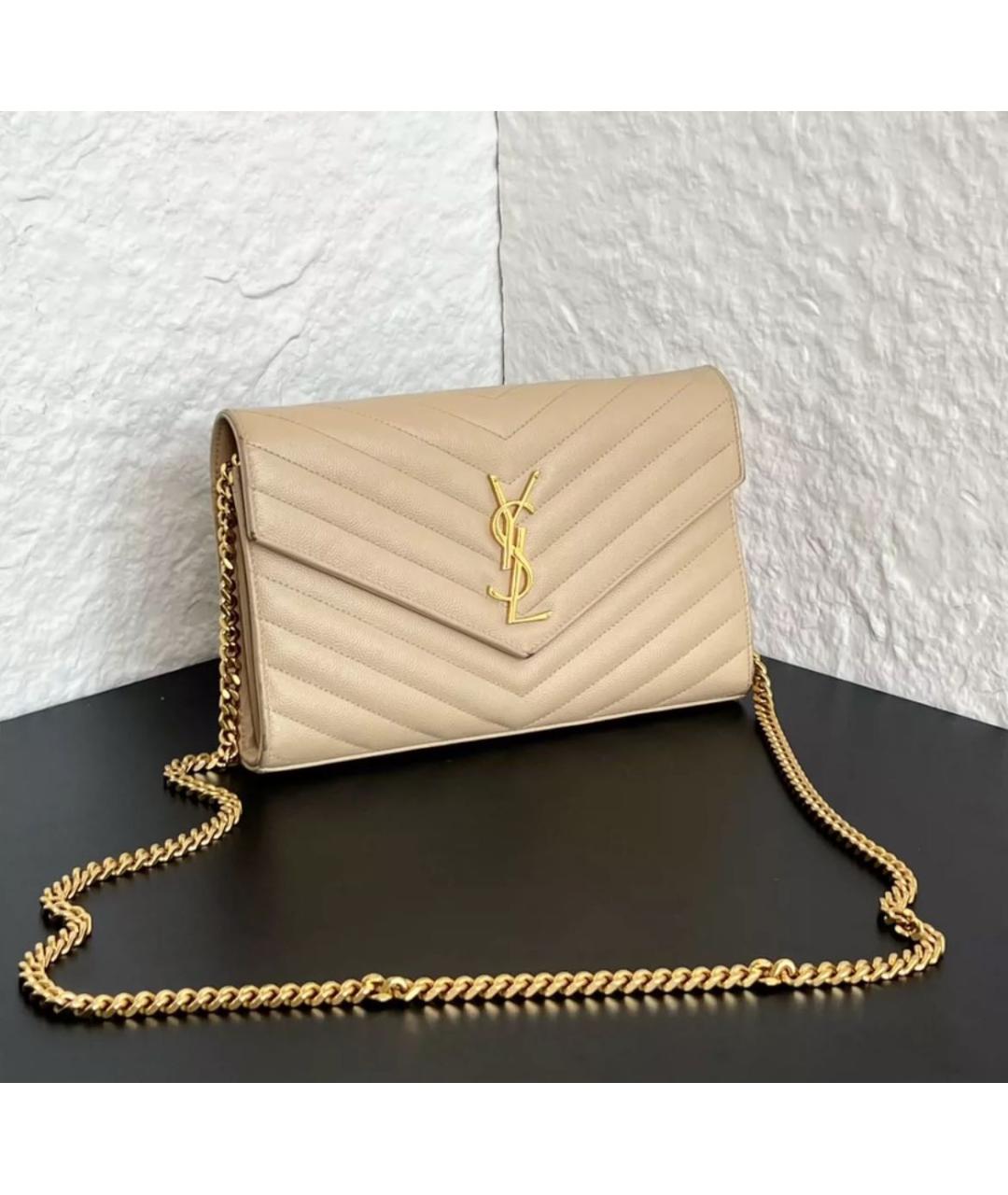 SAINT LAURENT Бежевая кожаная сумка через плечо, фото 3