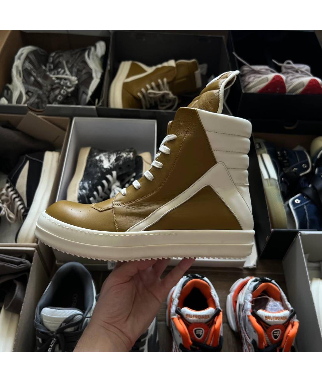 RICK OWENS Зеленые кожаные высокие кроссовки / кеды, фото 9