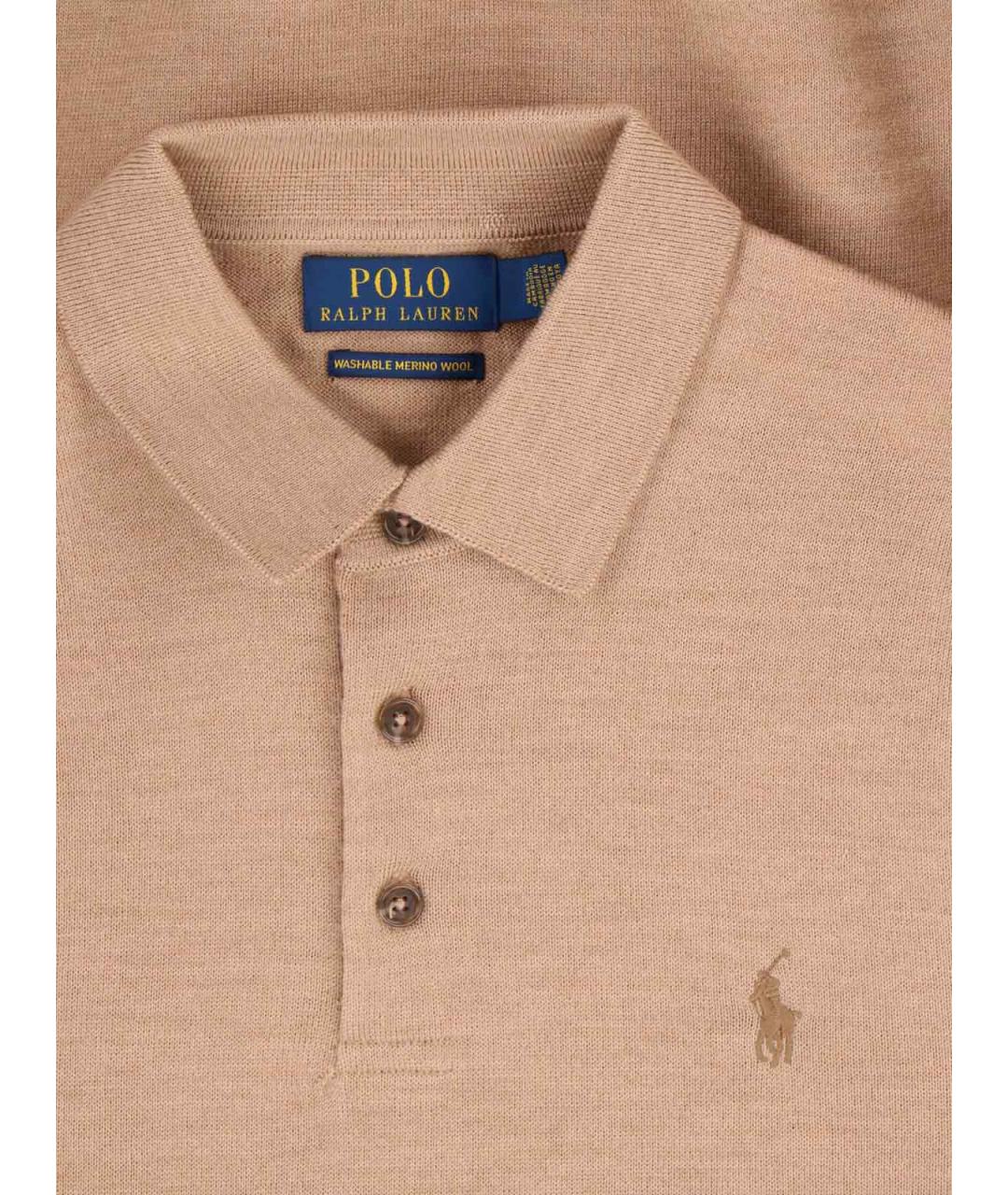 POLO RALPH LAUREN Бежевое хлопковое поло с длинным рукавом, фото 3