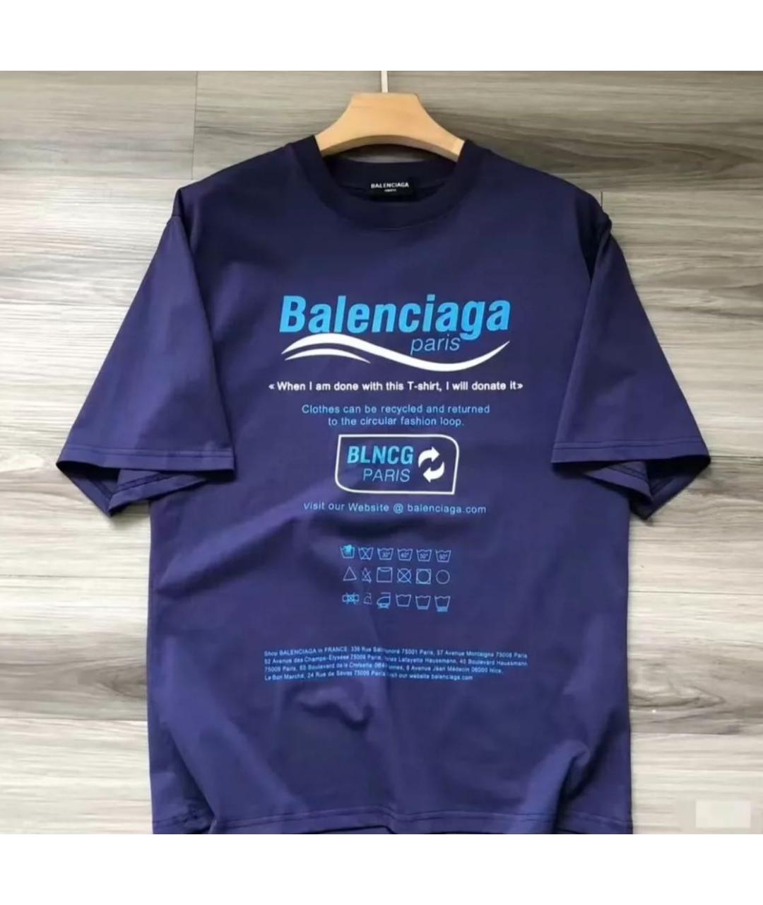 BALENCIAGA Темно-синяя хлопковая футболка, фото 2