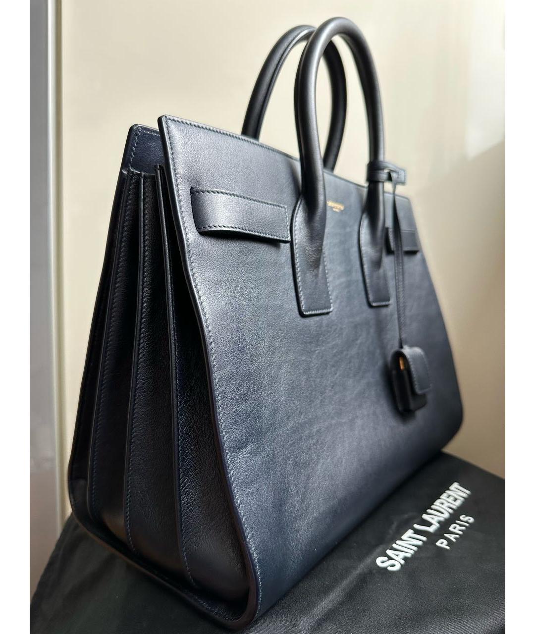 SAINT LAURENT Темно-синяя кожаная сумка с короткими ручками, фото 2