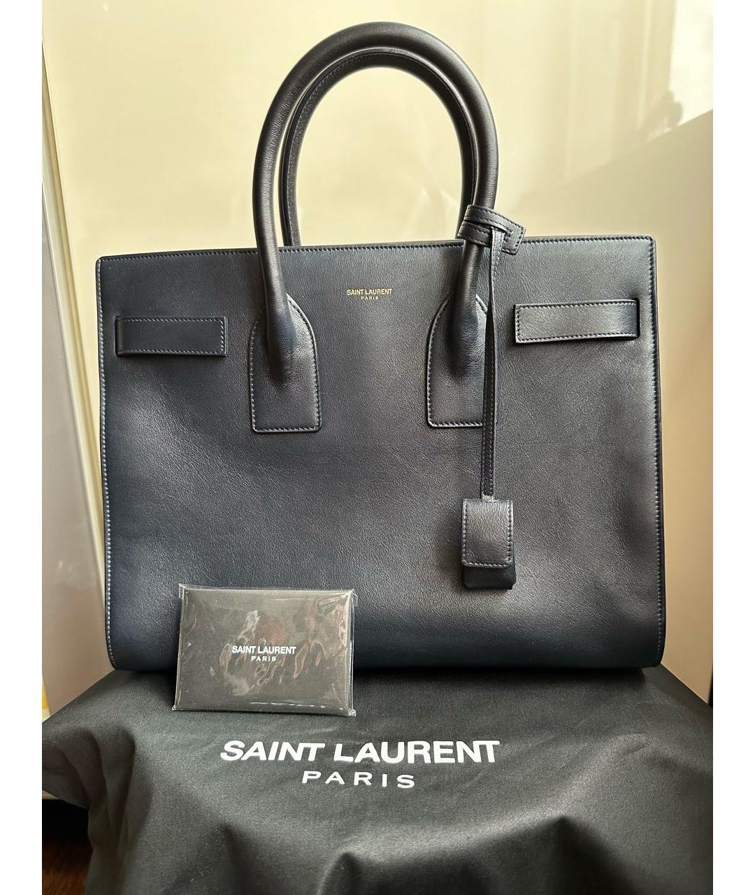 SAINT LAURENT Темно-синяя кожаная сумка с короткими ручками, фото 6