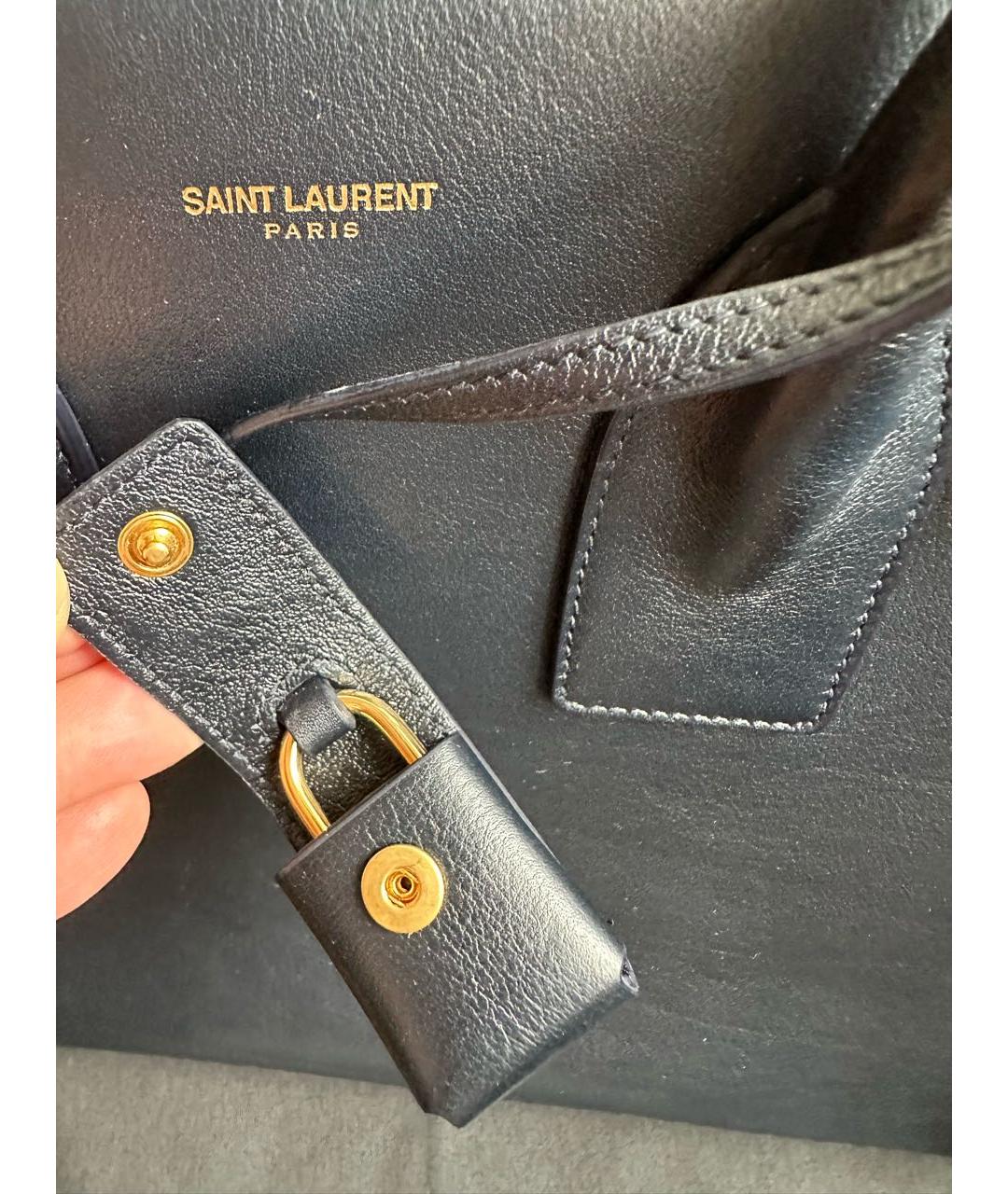 SAINT LAURENT Темно-синяя кожаная сумка с короткими ручками, фото 7