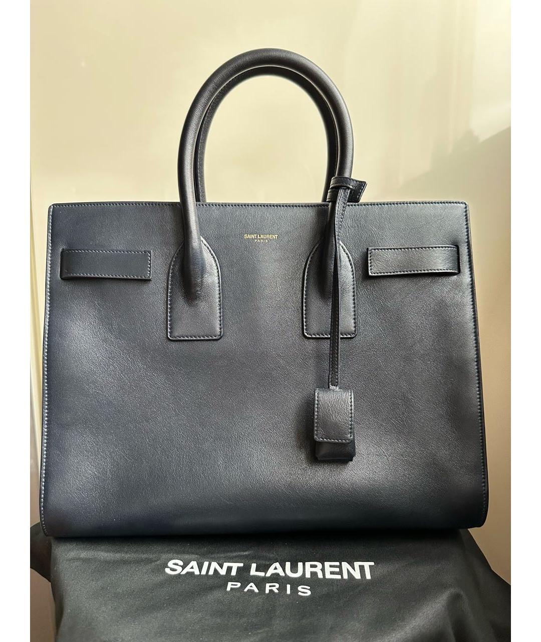 SAINT LAURENT Темно-синяя кожаная сумка с короткими ручками, фото 8
