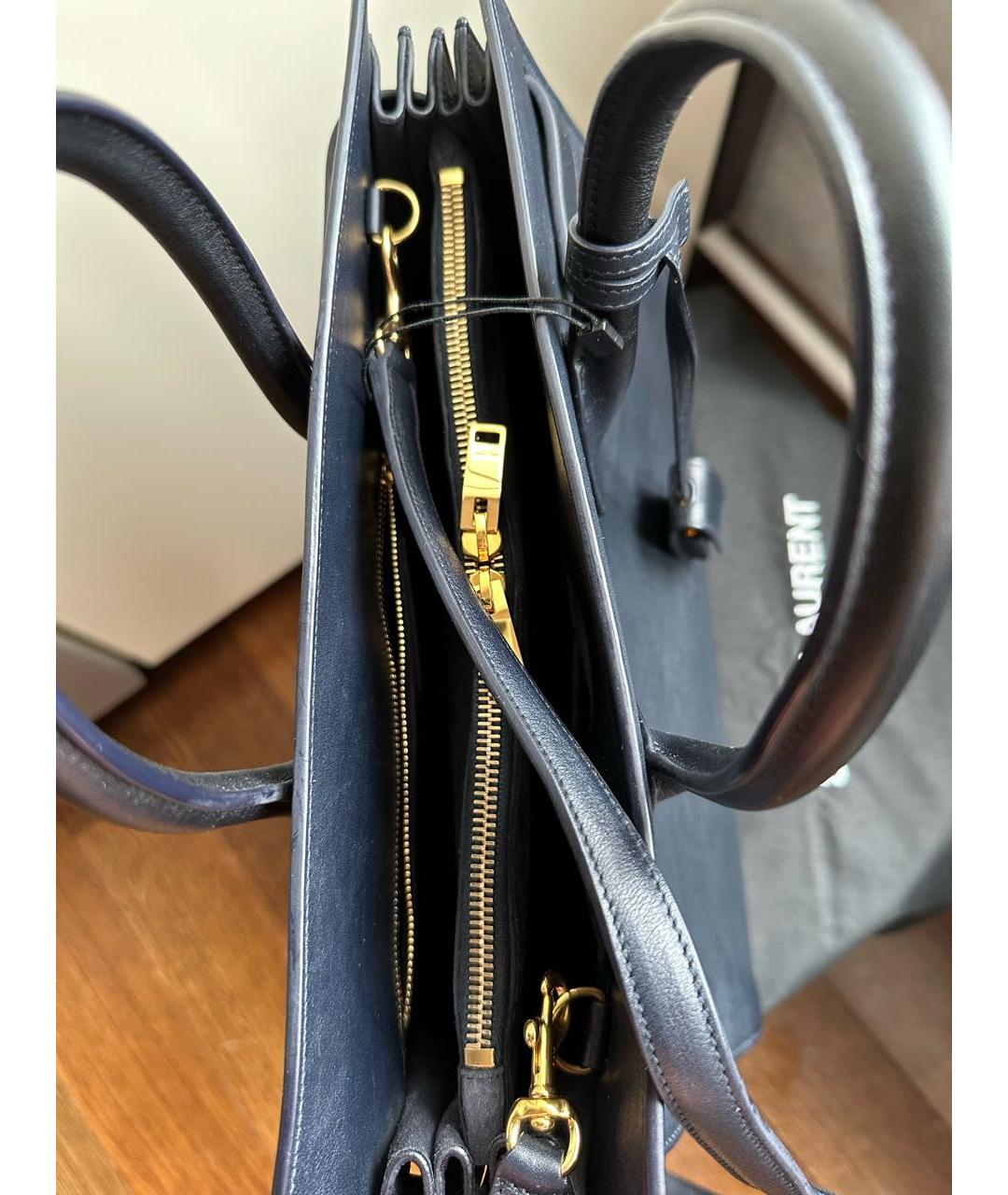 SAINT LAURENT Темно-синяя кожаная сумка с короткими ручками, фото 4