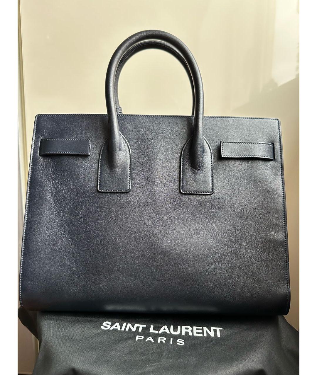 SAINT LAURENT Темно-синяя кожаная сумка с короткими ручками, фото 3
