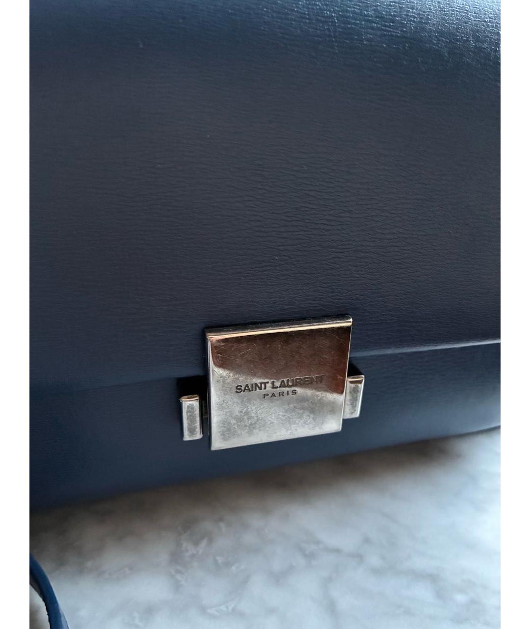 SAINT LAURENT Темно-синяя кожаная сумка с короткими ручками, фото 3