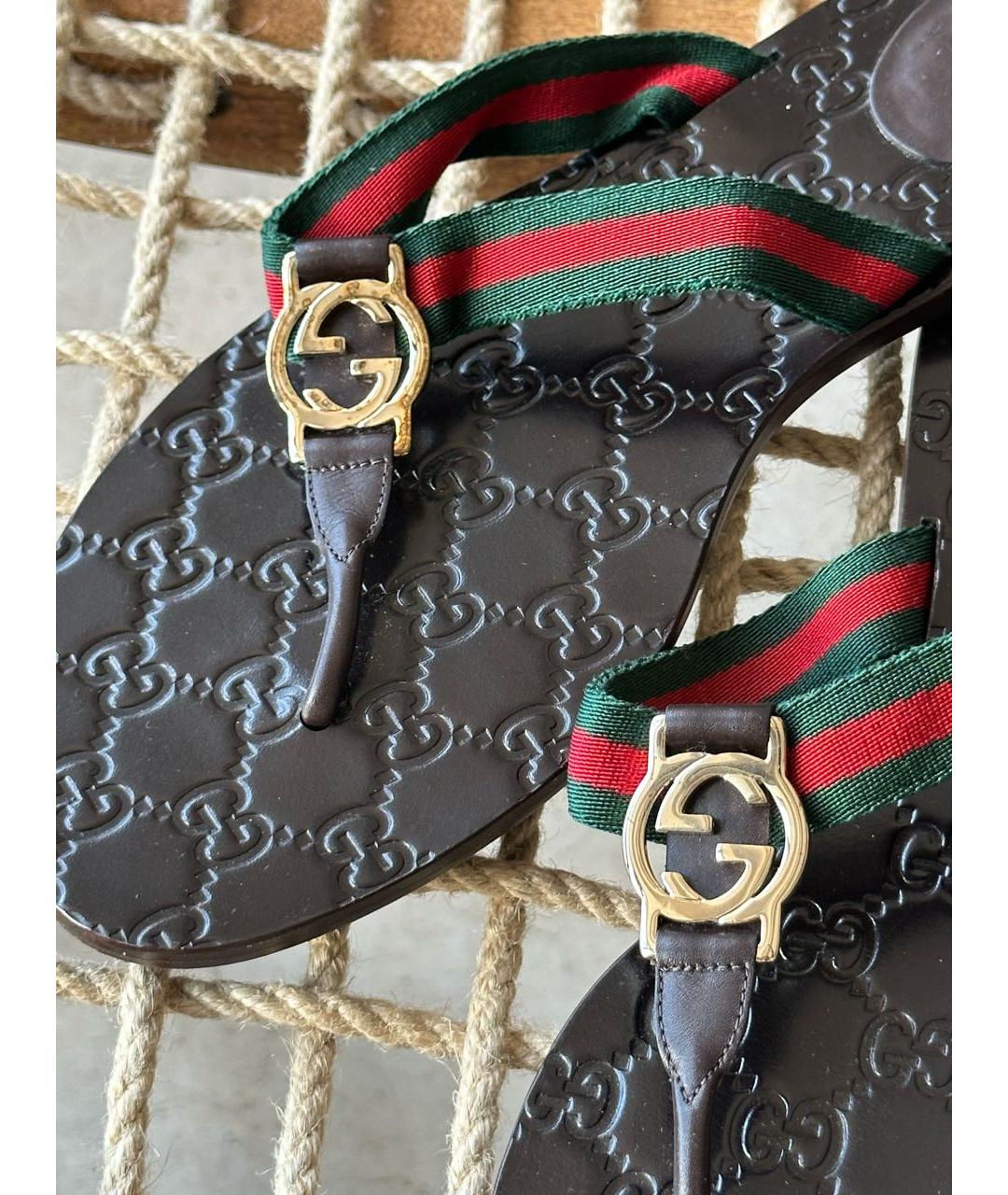 GUCCI Коричневые кожаные шлепанцы, фото 4