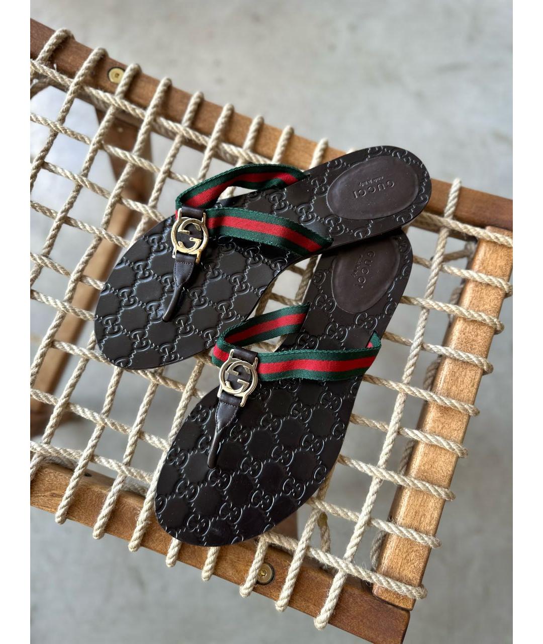 GUCCI Коричневые кожаные шлепанцы, фото 2