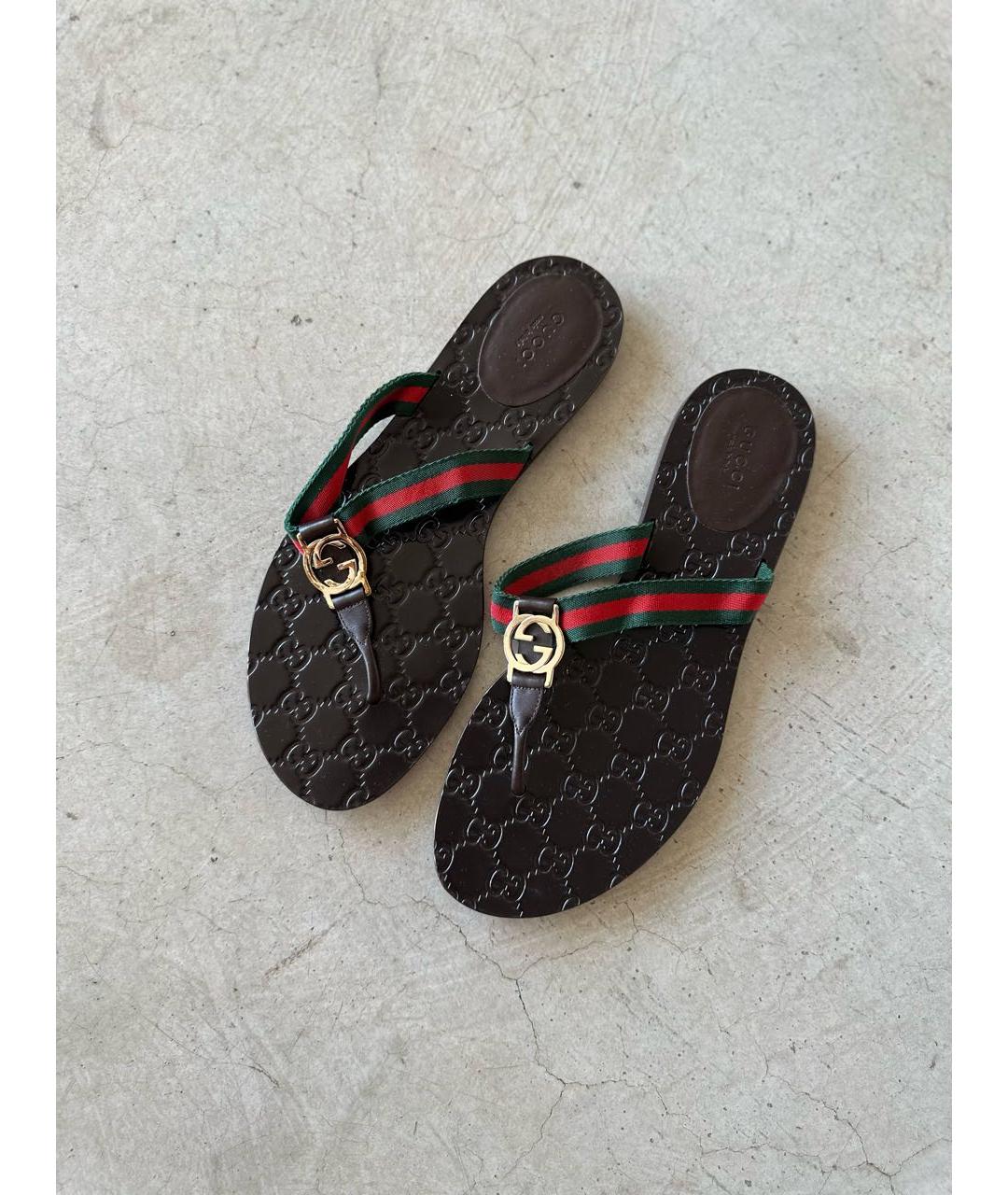 GUCCI Коричневые кожаные шлепанцы, фото 6