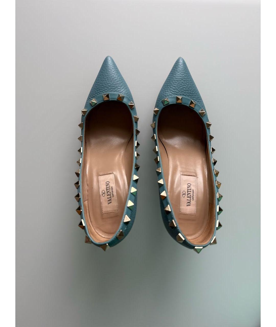 VALENTINO Голубые кожаные лодочки на низком каблуке, фото 3