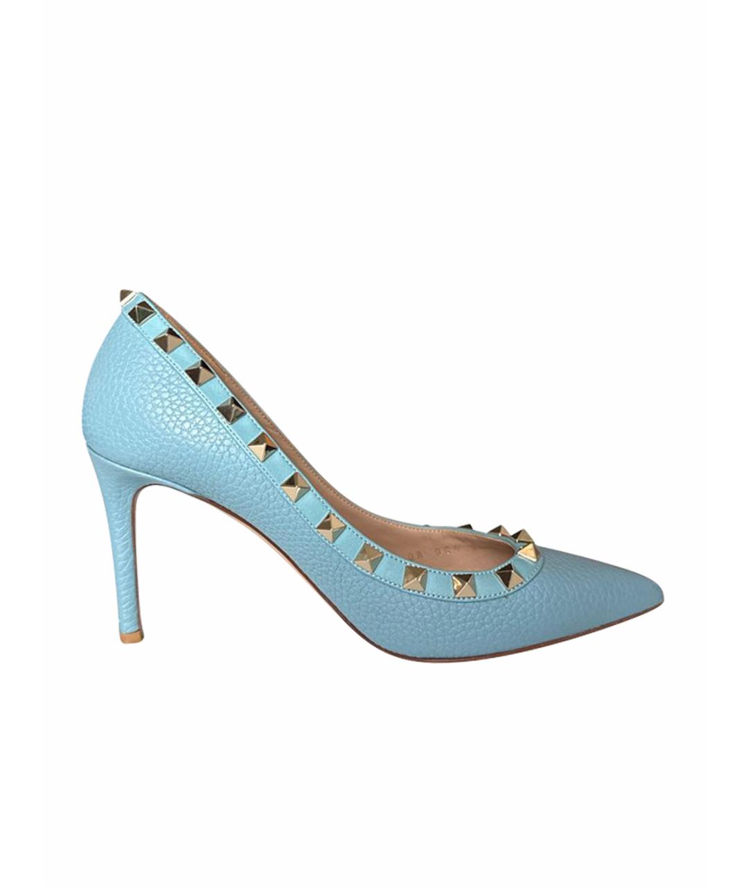 VALENTINO Голубые кожаные лодочки на низком каблуке, фото 1