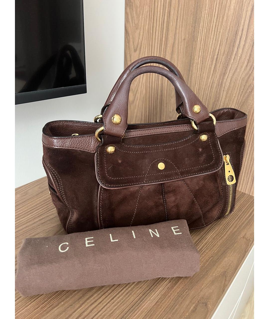 CELINE Коричневая замшевая сумка с короткими ручками, фото 8