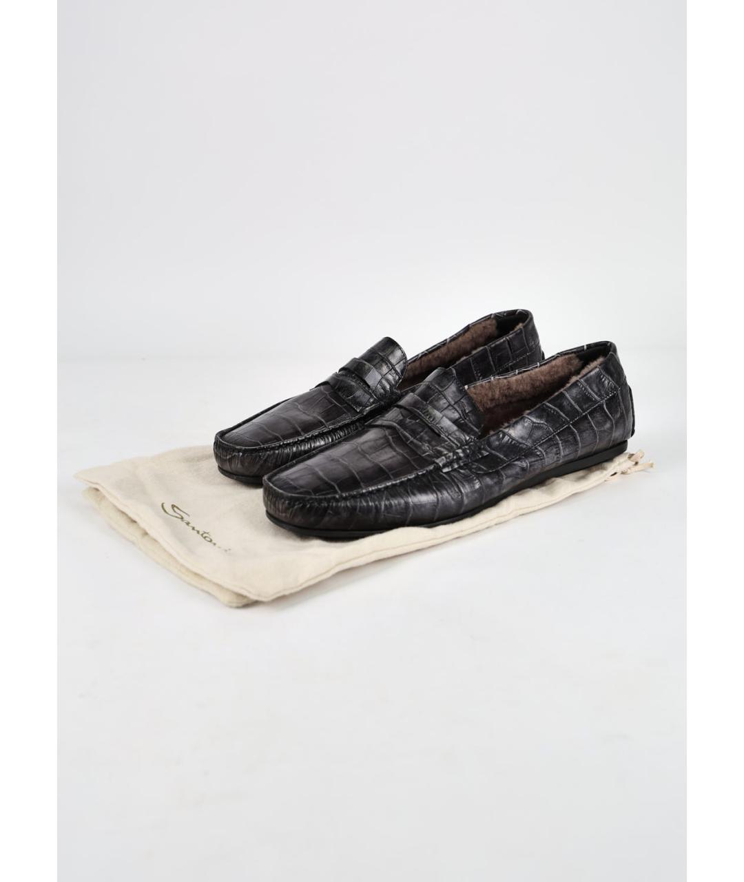 SANTONI Антрацитовые кожаные мокасины, фото 6
