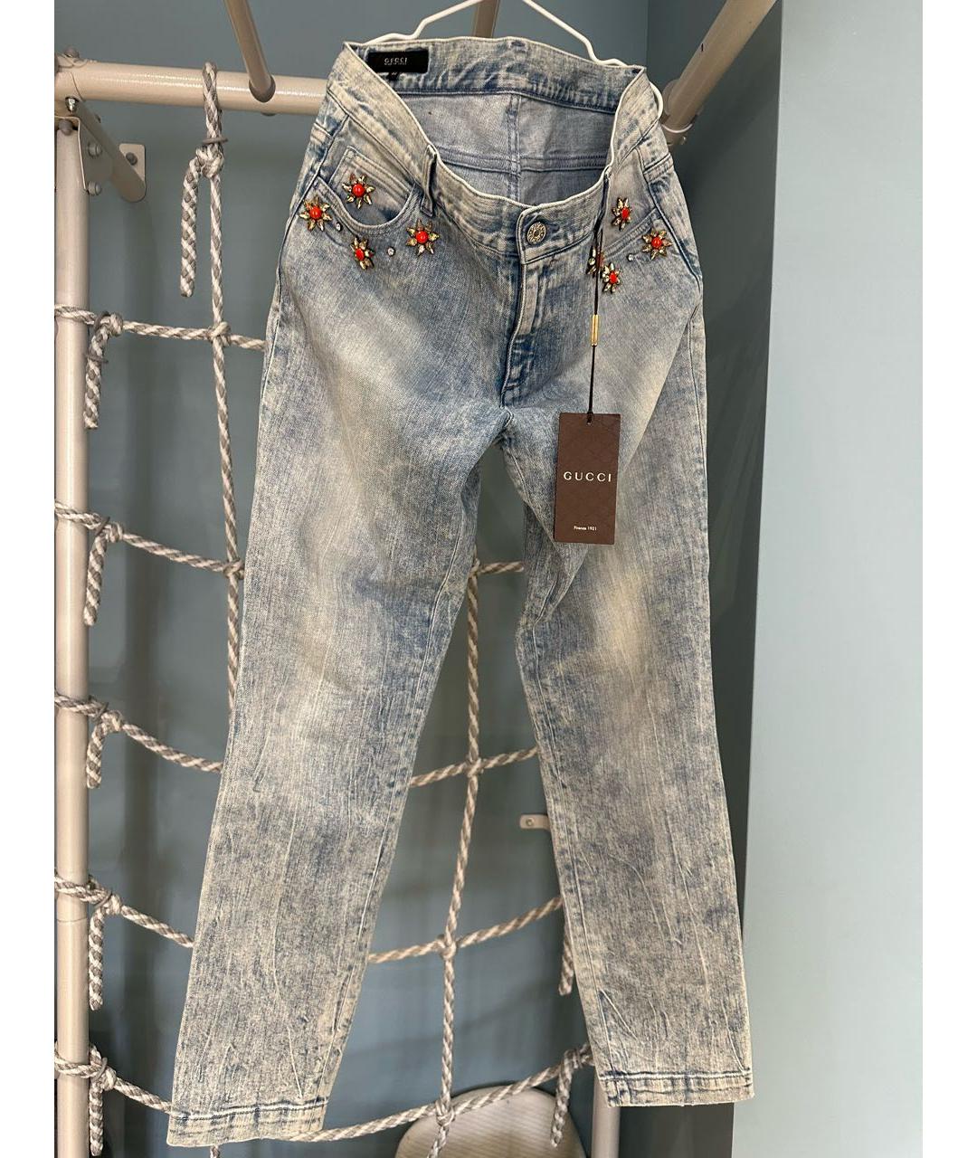 GUCCI Голубые хлопко-эластановые джинсы слим, фото 5