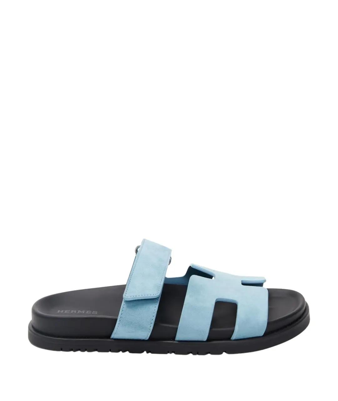 HERMES Голубые кожаные шлепанцы, фото 1