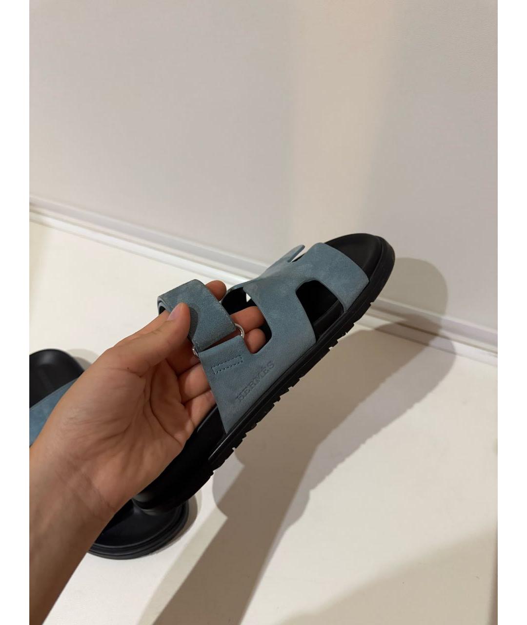 HERMES Голубые кожаные шлепанцы, фото 5